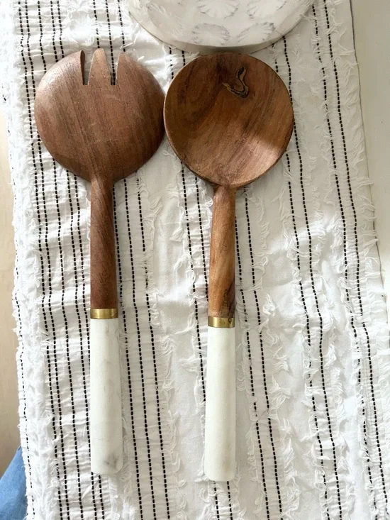 Wood & Marble Salad Server Set White Handles Brass Band - Picture 3 of 4